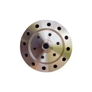 Metal flange with multiple bolt holes, top view.