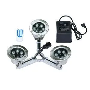 LED fountain light kit with remote control and power transformer.