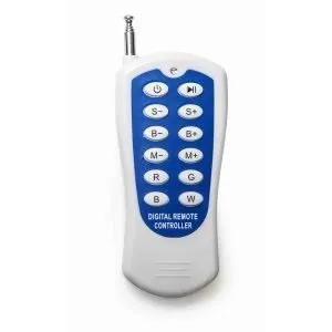 Digital remote controller with blue and white buttons.