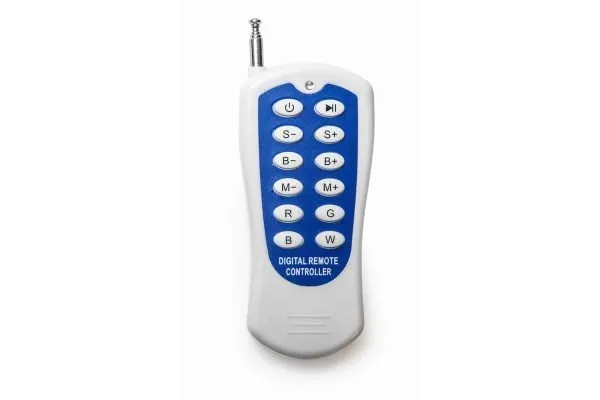 Digital remote controller with blue and white buttons.