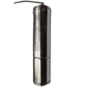 Stainless steel submersible water pump, black cable on top.