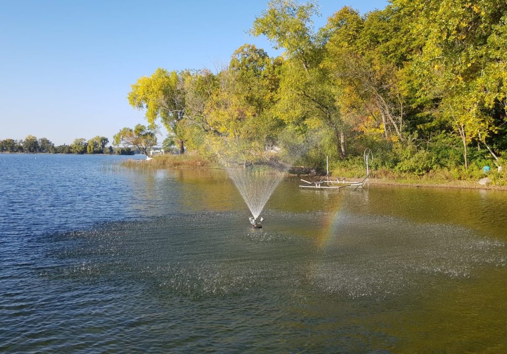 Lake with fountain surrounded by trees and rainbow.