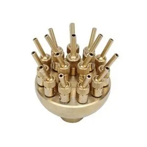 Brass fountain nozzle with multiple adjustable spouts.