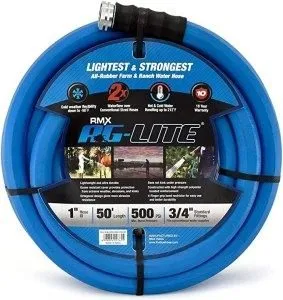 Blue garden hose, 50 feet, displayed in packaging.